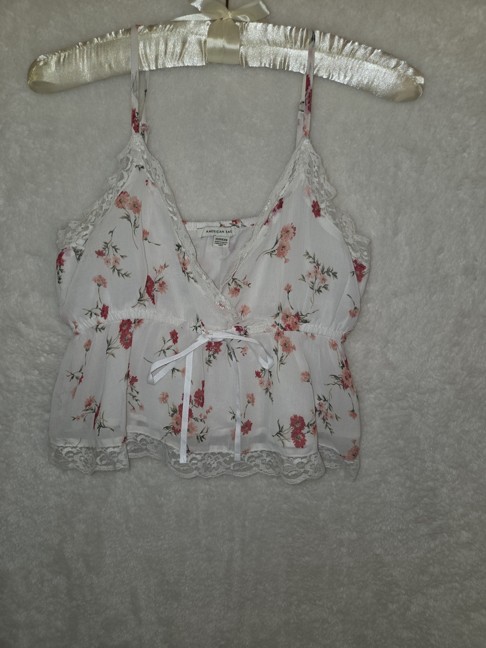 American Eagle Top Womens XS Crop Tank Cami Faux Wrap Babydoll Floral Lace Trim